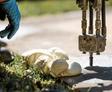 A gloved hand next to foam being injected into concrete with heavy equipment.