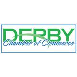 Logo of Derby Chamber of Commerce with green and blue text and a green arc.
