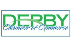 Logo of Derby Chamber of Commerce with green and blue text and a green arc.