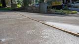 Close-up of a concrete sidewalk with a wooden expansion joint on a sunny day.