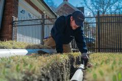 A worker installs a white drainage pipe in a trench beside a house on a sunny day.