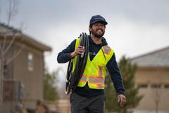 Smiling worker in a safety vest carries coiled cable outdoors near houses on a cloudy day.