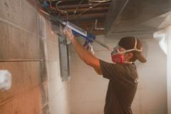 Person wearing mask and cap sealing a basement wall crack with a caulking gun for foundation repair.