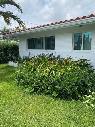 Lush green plants and grass in front of a white house with tiled roof and windows.