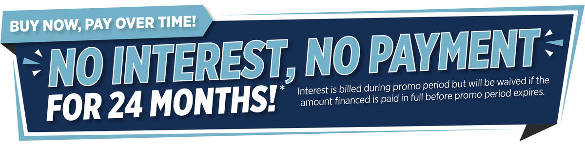 Banner reads: "No interest, no payment for 24 months! Buy now, pay over time!" with promo details.