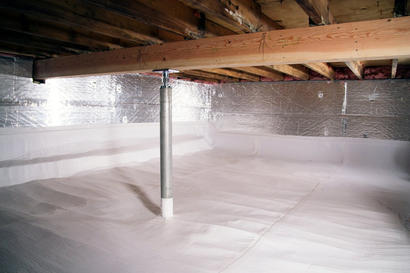 Encapsulated crawl space with support jacks.