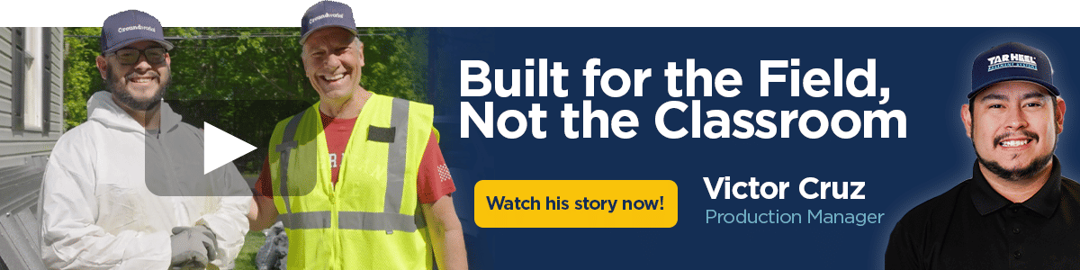 Two men in work gear smiling; text says "Built for the Field, Not the Classroom" with Victor Cruz's photo and title.