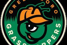 Logo of the Greensboro Grasshoppers featuring a cartoon grasshopper wearing an orange cap.