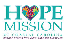 Hope Mission logo with a heart and hands, plus the words: "Serving others with many hands and one heart.