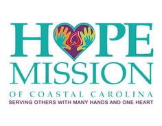 Hope Mission logo with a heart and hands, plus the words: "Serving others with many hands and one heart.