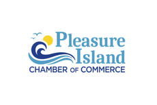 Logo for Pleasure Island Chamber of Commerce with waves, sun, and flying birds.