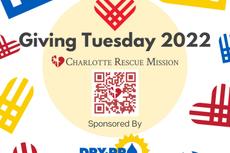 Giving Tuesday 2022 graphic for Charlotte Rescue Mission, sponsored by Dry-Pro, with QR code and heart logos.