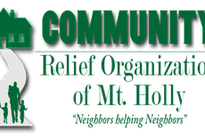 Logo for Community Relief Organization of Mt. Holly with a green house, family silhouette, and the slogan "Neighbors helping Neighbors".