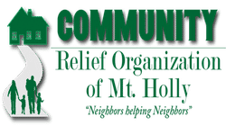 Logo for Community Relief Organization of Mt. Holly with a green house, family silhouette, and the slogan "Neighbors helping Neighbors".