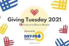 Giving Tuesday 2021 banner with colorful heart designs and sponsor logos for Charlotte Rescue Mission and DRY-PRO.
