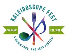 Kaleidoscope Fest logo with a spoon, fork, and paintbrush, and text: Waxhaw, Est. 1889, A music, food, and arts festival.