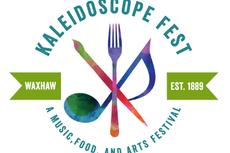 Kaleidoscope Fest logo with a spoon, fork, and paintbrush, and text: Waxhaw, Est. 1889, A music, food, and arts festival.