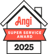 Logo shaped like a house with "Angi Super Service Award 2025" written inside on a red banner.