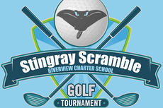 Logo with a golf ball, stingray, crossed clubs, and text: "Stingray Scramble Golf Tournament, Riverview Charter School.