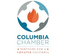 Columbia Chamber logo with an orange flame, blue and gray shapes, and the slogan "Partners for a Greater Columbia.