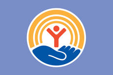 United Way logo: a blue hand supports an orange person under three orange arcs, on a light purple background.