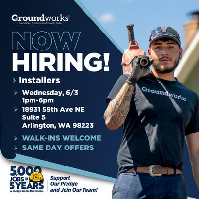 A construction worker in sunglasses holds a power tool. "Now Hiring! Installers" text and job details are shown.