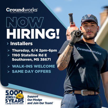 A man in a Groundworks shirt holds a tool; text advertises installer jobs and hiring event details.