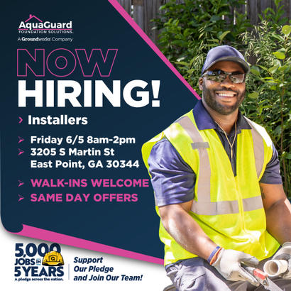 Smiling worker in safety vest with tools; text announces installer hiring event June 5 in East Point, GA.