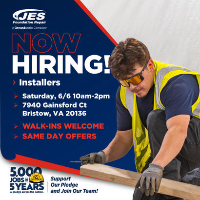 Man in safety vest using a tool with text: "Now Hiring Installers, Sat 6/6, Bristow VA, Walk-ins Welcome, Same Day Offers.