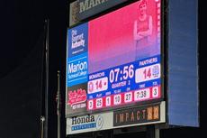 Ohio Basement Authority logo on the scoreboard during the 2025 Marysville High School Homecoming football game