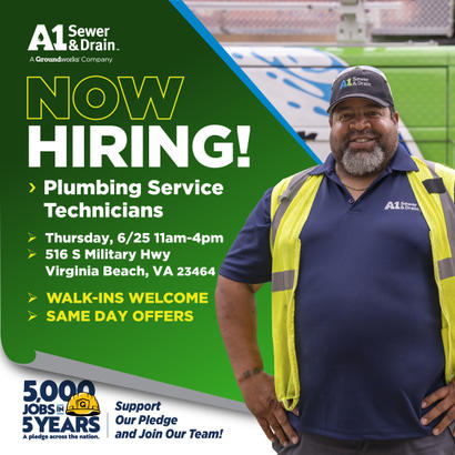 Smiling worker in safety vest promotes A1 Sewer & Drain hiring event for plumbing service technicians.