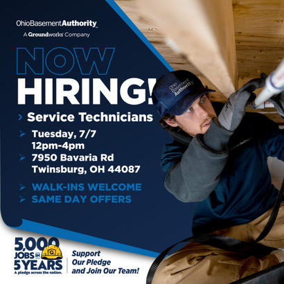 Man in work gear installing pipes, with "Now Hiring! Service Technicians" and job fair details in bold text.