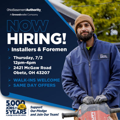 Man in blue jacket and beanie stands by equipment; text advertises job openings for installers and foremen.