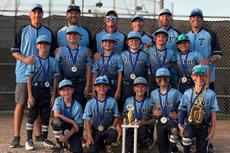 smiling Twinsburg Tigers 10U baseball players and coaches with a 2025 championship trophy