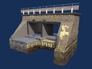 3D cutaway showing polyurethane grout curtain wall around a culvert