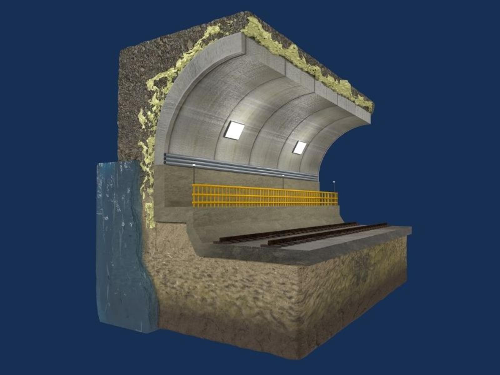 3D cutaway image showing polyurethane grout curtain wall to protect tunnel
