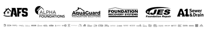 Logos for six foundation repair companies in black on a white background, arranged in a single horizontal row.