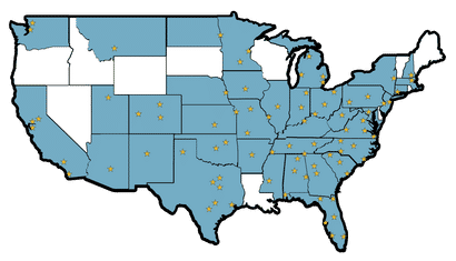 Map of the United States with blue-shaded states and yellow stars marking various locations across those states.