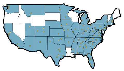 Map of the United States with blue-shaded states and yellow stars marking various locations across those states.