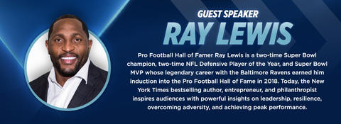 Ray Lewis smiles in a suit beside text highlighting his NFL career, achievements, and role as a motivational speaker.