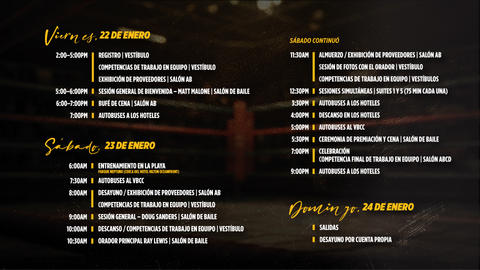 Event schedule in Spanish on a dark background, listing dates, times, and activities from January 22 to 24.