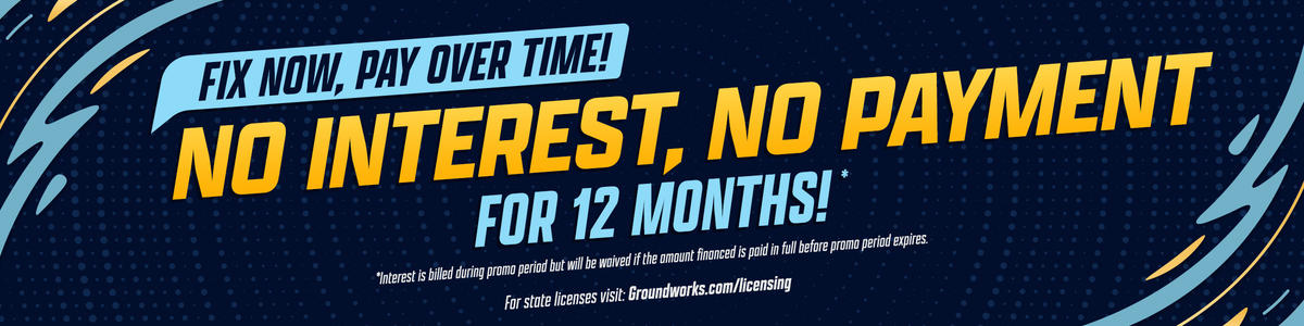 Banner: “No interest, no payment for 12 months! Fix now, pay over time! Terms and conditions apply.”