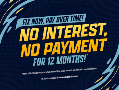 Bold text reads: “No interest, no payment for 12 months”; offer details and website link are in smaller text.