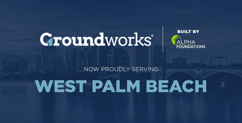 Groundworks and Alpha Foundations now serving West Palm Beach; city skyline and bridge in the background.