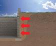 Cross-section of a retaining wall with red arrows indicating lateral earth pressure against it, under a blue sky.