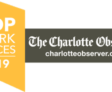 Yellow ribbon with "Top Workplaces 2019" beside "The Charlotte Observer" and its website in gray rectangle.