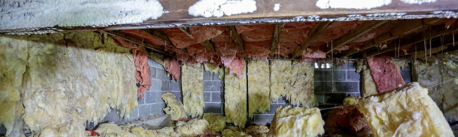 wet nasty crawl space with soaked insulation