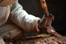 worker digging in crawl space with shovel