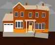 Illustration of a cracked house with a tilted door, showing signs of damage and instability against a dark sky.
