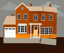 Illustration of a cracked house with a tilted door, showing signs of damage and instability against a dark sky.